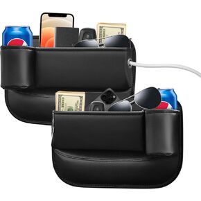 2 Pack Car Seat Gap Filler Organizer with Cup Holders - Universal Fit Leather Storage Box for Car,SUV,Truck -Prevent Items from Dropping, Holds Phone, Keys, Sunglasses (Black, Driver & Passenger)