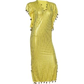 Egyptian Belly Dance Nancy Stretchy Folkloric Dancing Outfit Galabeya Oriental Abaya Dress Dresses Costume Baladi Saidi Fallahi Carnival Sequins Handmade Bellydance Women (Yellow x Gold)