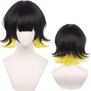 Anime Cosplay wig Black Yellow Heat Resistant Synthetic Hair For Man Women Halloween Party with Cap