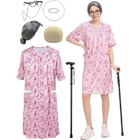 Cupohus Women's Old Lady Wig Costume Set, 100 Days of School Adult Granny Dress Cosplay, Grey Wig, Cane, Floral Dress Outfit