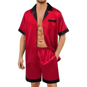 SWOMOG Mens Satin Pajamas Set Silk Pj Sets Short Sleeve Button Down 2 PCS Sleepwear with Drawstring & Pockets S-3XL