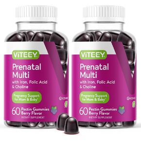 Viteey Prenatal Multi with Iron, Folic Acid & Choline Gummies - Prenatal Multivitamin with Iron, Choline and Folic Acid Gummies - Vegetarian, Gluten Free - Chewable Berry Flavored Prenatal for Women