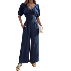 BB&KK Women's Summer Jumpsuit Dressy Short Sleeve V-Neck Smocked High Waist Wide Leg Pants One Piece Romper with Pockets