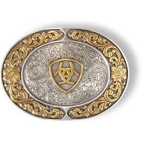 ARIAT Floral Oval Belt Buckle - Silver and Gold Western Cowboy Belt Buckle