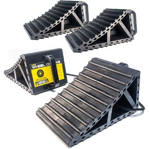 Anti Slip Heavy Duty Wheel Chocks - 4 Pack Tire Chocks for for Cars, RVs, Trucks - All Weather Use RV, Camper, and Trailer Stabilizer Accessory with Easy Grip Handles & Connector (4-PACK, BLACK)
