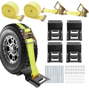 1500LBS Wheel Chock Tie Down Kit for Trailer & Pickup Trucks - ATV, RZR, Lawn Mower, UTV Tie Down Straps -Heavy Duty Trailer Tire Straps System(2-Wheel Set)