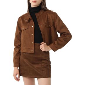 Babalet Womens Cropped Jacket Button Down Faux Suede Short Bomber Jacket Long Sleeve Varsity Jacket Casual Shacket Jackets
