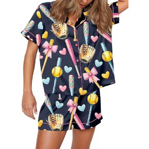 SHESHOW Pajamas for Women Set Satin Button Down Short Sleeve Top and Shorts Pjs Sets Sport Ball Print Sleepwear XS-XXL