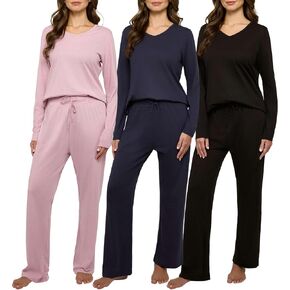 Real Essentials 3 Pack Women's Soft Cotton Long Sleeve Pajama Set with Pants - Lounge Sets for Women (Available In Plus)