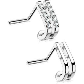 OUFER 2Pcs Nose Studs, Fancy Unique Double Rows 20G Nose Rings Studs L-shaped Sparkling CZ Stainless Steel Small Tiny Silver Nose Ring Stud for Women Men-7MM