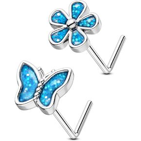 OUFER 2PCS 20G Nose Rings Studs, L-Shaped Nose Piercings Jewelry for Women Men, Butterfly and Flower Blue Glitter Nostril Piercing jewelry-7MM