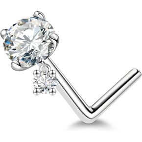 Moissanite Nose Dangle Ring Studs for Women - 20G 925 Sterling Silver 0.3ct L Shape Moissanite Diamond Nose Ring Piercing Jewelry 4MM 2MM