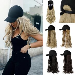Baseball Hat Wig,Hat with Hair attached 24'' Adjustable Black Cap with Long Wavy Synthetic Hair Extensions for Women Girls(Medium Brown)