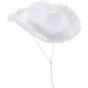 SSPalu Cowboy Hat Fluffy Feather Trim Cowgirl Hat Adult Western Felt Cow Girl Hat Fancy Dress Party Halloween Cosplay Costume
