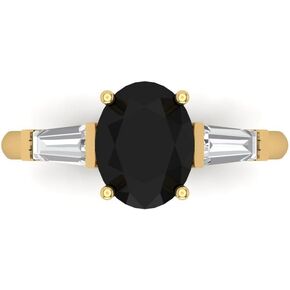 2.5 ct Oval Baguette cut 3 stone Solitaire Natural Black Onyx Designer Anniversary Bridal Engagement Ring 14k Yellow Gold