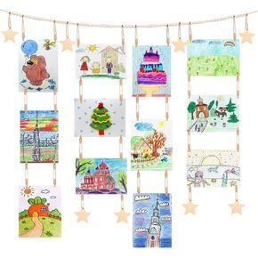 Dexspoeny Art Display for Kids Artwork on Wall with 72 Clips, 48 Twine, Boho Bedroom Living Decor Wooden Stars Beads Garland Decor for Hanging Picture