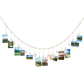 5 Feet Hanging Photo Display with Clips, Wooden Bead Garland Boho Style Collage Photo Frame Decoration Collage Card Picture Kids Art Holder String with Heart Tags for Dorms Classrooms Bedrooms Office