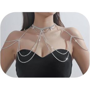 Sexy Rhinestone Shoulder Body Chain Jewelry,Multi-layered Waterdrop Rhinestone Bridal Back Chain Necklace Sexy Festival Rave Crystal Shoulder Chain Wedding Backdrop Jewelry for Women