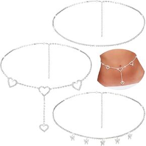 3 Pieces Rhinestone Waist Belly Chain for Women Diamond Heart Butterfly Crystal Body Chain Mothers Gift Beach Belt Jewelry