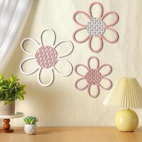 Maitys 3 Pieces Boho Daisy Wall Decor Natural Rattan Flower Wall Hanging Art Wooden Boho Nursery Flowers Decor for Home Nursery(Classic Color)