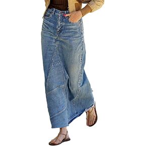 Flamingals A-LINE High RISE VINTAGE VINTAGE RAW SHIDED SEAM SEAM DEKIRT LONG DENIM SKIRT بدون حزام