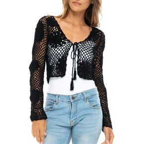 Back From Bali Womens 100% Cotton Crochet Tie-Front Artisan Shrug Sweater Cropped Lightweight Flower Knit Bolero