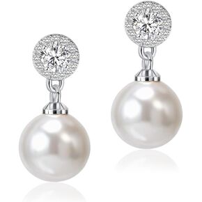 Elegant Diamond Pearl Drop Earrings 925 Sterling Silver Post Cubic Zirconia Crystal Dangle Pearl Earrings for Brides Bridesmaids Wedding Party Everyday Wear