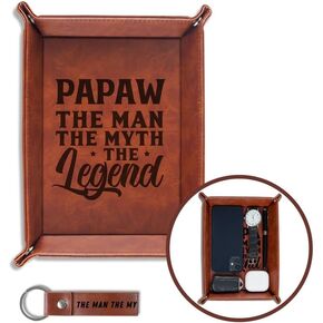 INNObeta Papaw Gifts Valet Tray, PU Leather Bedside Tray with Keychain for Grandpa, Perfect for Father's Day, Birthday, Christmas - The Man The Myth The Legend