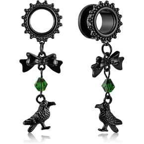 LADEMAYH Gothic Halloween Raven Ear Plugs Tunnels Dangle Earrings, Surgical Stainless Steel 316L, 2g-1inch, Hypoallergenic Gauges for Ears, Punk Style Dark Body Piercing Jewelry for Women