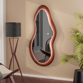 48"x 24" LED Wood Full Length Mirror with Lights Irregular Wavy Full Body Mirror Shatter-Proof Hanging/Leaning Wall Mounted Walnut Wooden Framed Mirror for Dressing Bedroom Living Room