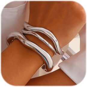 3Pcs Big Chunky Gold Bangle for Women Gold|Silver Plated Cuff Wide Bracelet Trendy Teardrop Wire Irregular Minimalist Jewelry