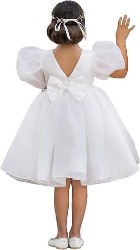 Flower Girl Dress Organza Toddler Dresses Puff Sleeve & Bow Bcak Girls Princess Dress for Wedding Birthday Party in Kuwait