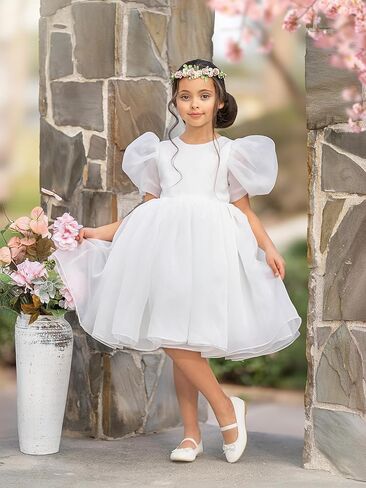 Flower Girl Dress Organza Toddler Dresses Puff Sleeve & Bow Bcak Girls Princess Dress for Wedding Birthday Party in Kuwait