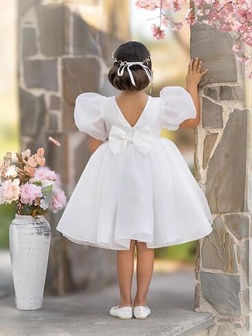 Flower Girl Dress Organza Toddler Dresses Puff Sleeve & Bow Bcak Girls Princess Dress for Wedding Birthday Party in Kuwait