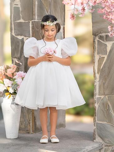 Flower Girl Dress Organza Toddler Dresses Puff Sleeve & Bow Bcak Girls Princess Dress for Wedding Birthday Party in Kuwait
