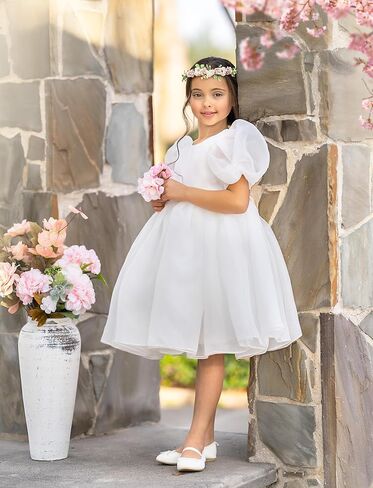Flower Girl Dress Organza Toddler Dresses Puff Sleeve & Bow Bcak Girls Princess Dress for Wedding Birthday Party in Kuwait