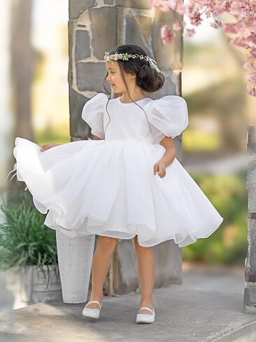 Flower Girl Dress Organza Toddler Dresses Puff Sleeve & Bow Bcak Girls Princess Dress for Wedding Birthday Party in Kuwait