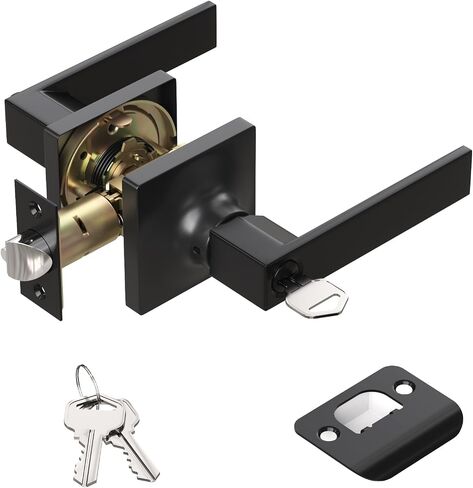 Entry Exterior Door Handle with Turn Lock - Black Door Knobs with Secure Key, Heavy Duty Reversible Exterior Door Lever for Front Entrance, Bedroom and Rooms (1Pack, Matte Black) in Saudi Arabia