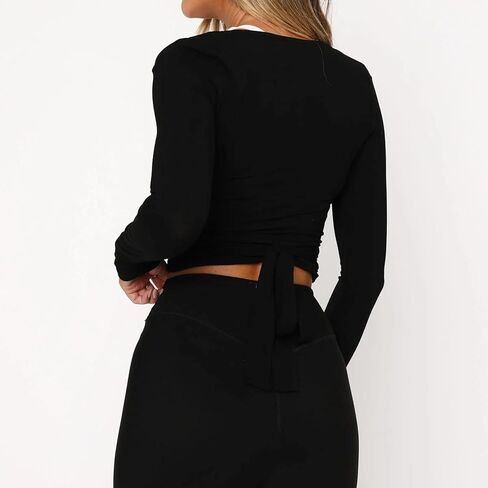 Women Pilates Wrap Top Workout Ballet Self Tie Shirt Long Sleeve Cross Sexy Deep V Neck Yoga Blouse in Kuwait