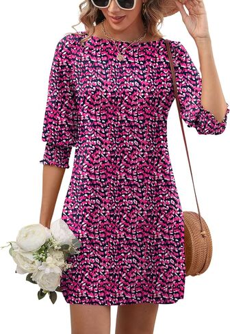 Luyaa Womens Summer Mini Dresses Boatneck 3/4 Puff Sleeve Floral T Shirt Dress مع جيوب بوهو أزياء عصرية 2025 in Saudi Arabia
