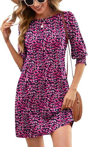 Luyaa Womens Summer Mini Dresses Boatneck 3/4 Puff Sleeve Floral T Shirt Dress مع جيوب بوهو أزياء عصرية 2025 in Saudi Arabia