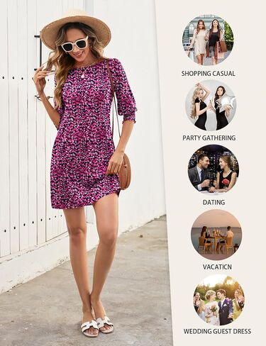 Luyaa Womens Summer Mini Dresses Boatneck 3/4 Puff Sleeve Floral T Shirt Dress مع جيوب بوهو أزياء عصرية 2025 in Saudi Arabia