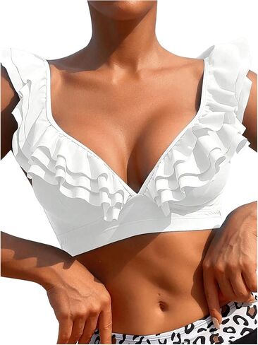 Wdirara Women's Bathing Suits Deep v Neck Ruffle Trim Pikini Top in Kuwait