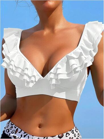 Wdirara Women's Bathing Suits Deep v Neck Ruffle Trim Pikini Top in Kuwait