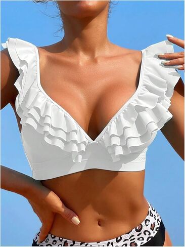 Wdirara Women's Bathing Suits Deep v Neck Ruffle Trim Pikini Top in Kuwait