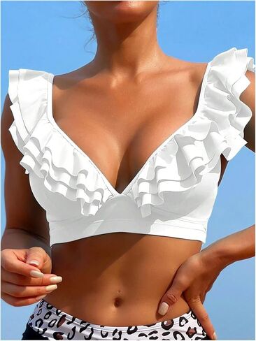 Wdirara Women's Bathing Suits Deep v Neck Ruffle Trim Pikini Top in Kuwait