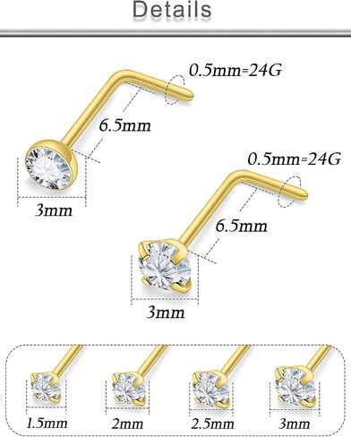 Uzgtvy 18G 20G 22G L Shaped Nose Rings Studs Surgical Steel Silver Gold Nose Nostril Piercing Jewelry for Women Men Girls CZ 1.5MM 2MM 2.5MM 3MM 3.5MM 4MM 12Pcs in Kuwait