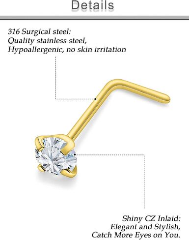 Uzgtvy 18G 20G 22G L Shaped Nose Rings Studs Surgical Steel Silver Gold Nose Nostril Piercing Jewelry for Women Men Girls CZ 1.5MM 2MM 2.5MM 3MM 3.5MM 4MM 12Pcs in Kuwait