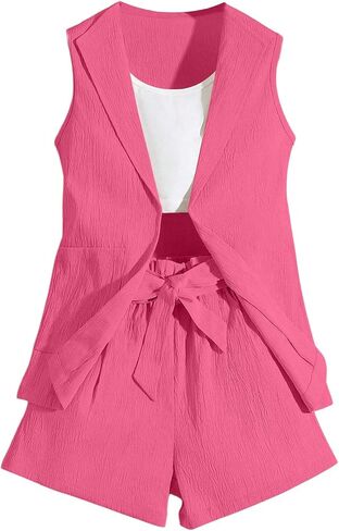 SweatyRocks Girl's Two Piece Outfits Lapel Collar Sleeveless Vest Jacket and Belted Wide Leg Shorts Set in Kuwait