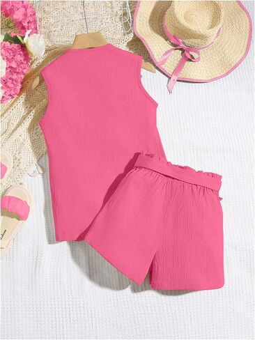 SweatyRocks Girl's Two Piece Outfits Lapel Collar Sleeveless Vest Jacket and Belted Wide Leg Shorts Set in Kuwait